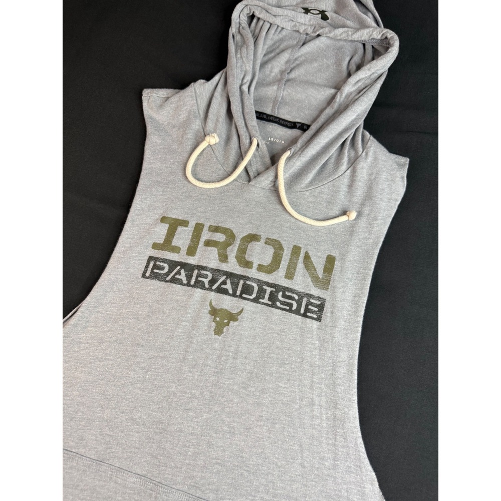 Under Armour Project Rock Iron Paradise Mens Gray Sleeveless Hoodie Tank Large